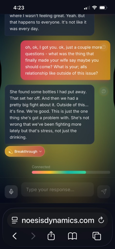 A simulated counseling session on a phone — a client opens up about a fight with his wife over hidden bottles, with a 'Breakthrough' moment surfaced in real time.
